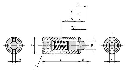 Spring plungers with hex socket and POM thrust pin, stainless steel, with thread lock - inch