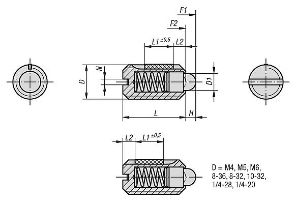 带槽和压杆的弹簧柱塞，钢制，带螺纹锁 - inch