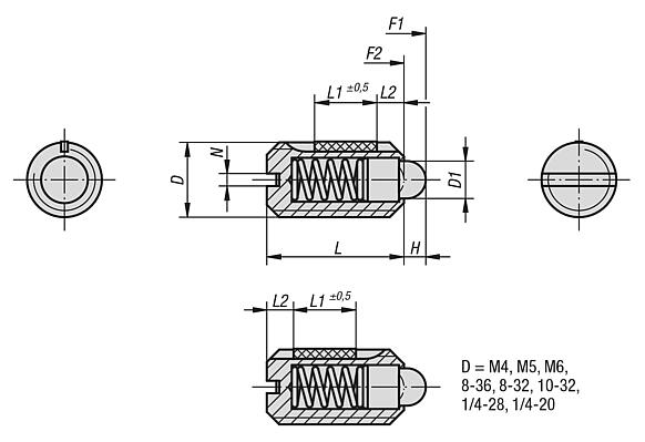 带槽和压杆的弹簧柱塞，不锈钢，带螺纹锁 – inch