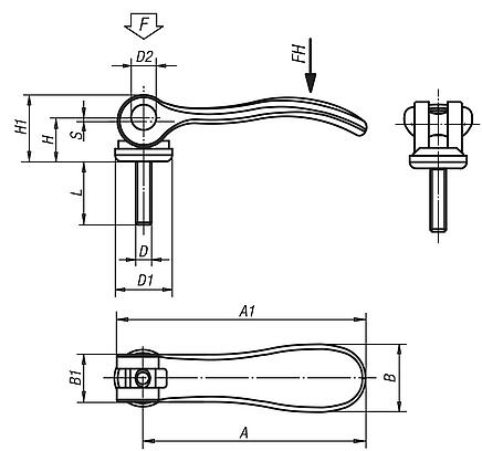 Cam levers, aluminium, with external thread, plastic/metal thrust washer and steel or stainless steel stud
