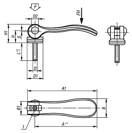 Cam levers, steel, adjustable with external thread, plastic-metal thrust washer and steel stud