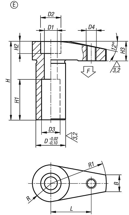 Hook clamp with long clamping claw and tapped hole, Form E