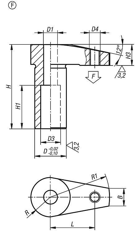 Hook clamp with long clamping claw and tapped hole, Form F