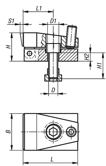 Side clamps, steel, for T-slots, Form A, with flat jaw