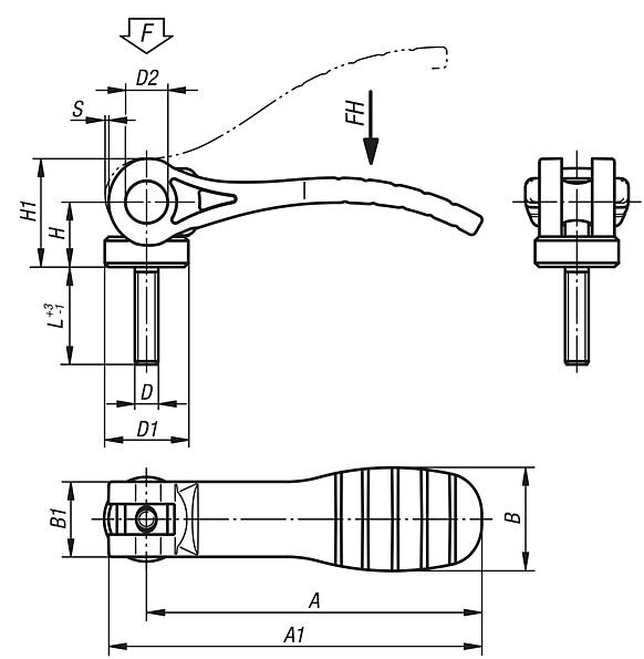 Cam levers, plastic with external thread, plastic thrust washer and steel or stainless steel stud, inch