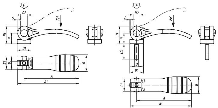 Cam levers, plastic with internal or external thread, plastic thrust washer and steel or stainless steel stud - inch