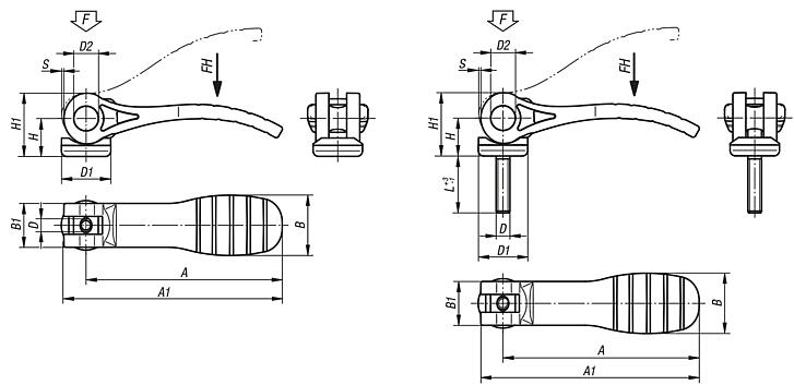 Cam levers, plastic, with internal and external thread, plastic-metal thrust washer and steel or stainless steel stud