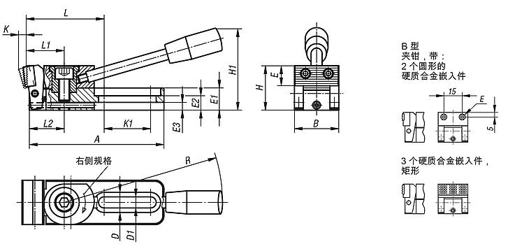 钢制侧方夹紧块，带锁紧手柄和槽孔，夹紧块带两个硬质合金刀片，圆形