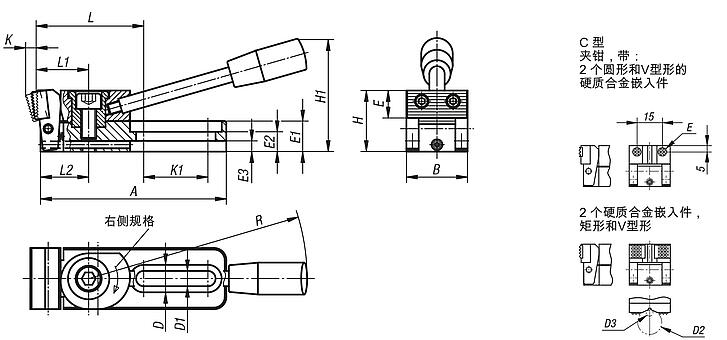 钢制侧方夹紧块，带锁紧手柄和槽孔，夹紧块带两个硬质合金插件，圆形和 V 型