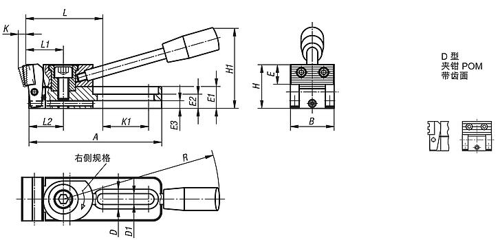 钢制侧方夹紧块，带锁紧手柄和槽孔，锯齿状 POM 夹钳