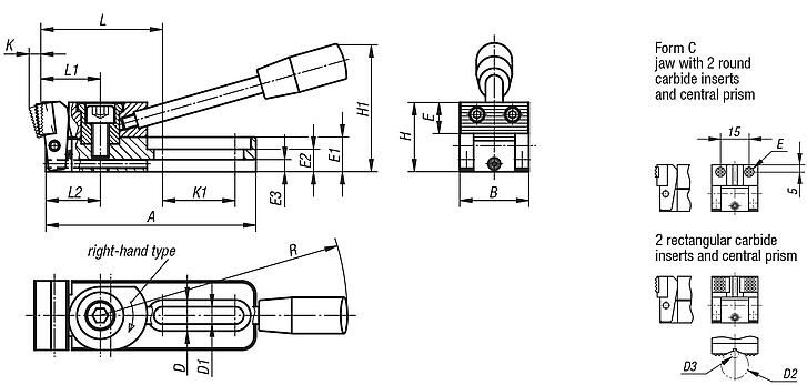 Side clamps, steel with tension lever and slotted hole, jaw with two carbide inserts, round and prism