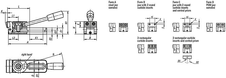 Side clamps, steel with tension lever and slotted hole