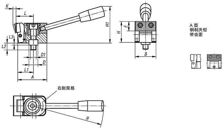 钢制侧方夹紧块，带锁紧手柄和定心衬套，锯齿状钢制夹钳