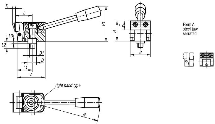Side clamps, steel with tension lever and centring bush, serrated steel jaw