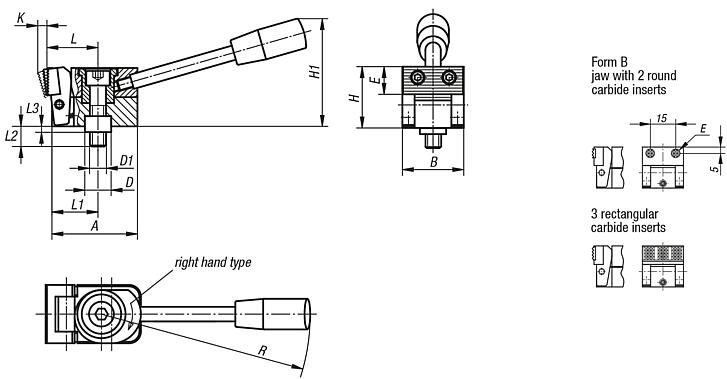 Side clamps, steel with tension lever and centring bush, jaw with two round carbide inserts