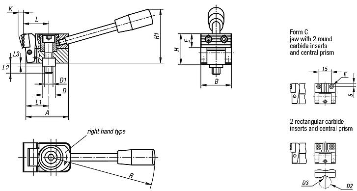 Side clamps, steel with tension lever and centring bush, jaw with two carbide inserts, round and prism