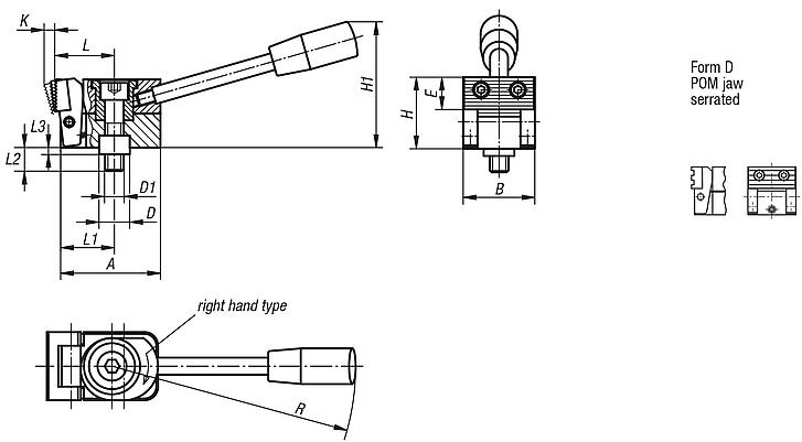 Side clamps, steel with tension lever and centring bush, serrated POM jaw