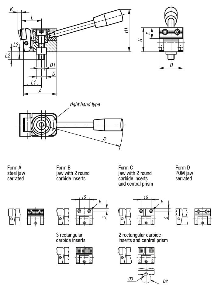 Side clamps, steel with tension lever and centring bush