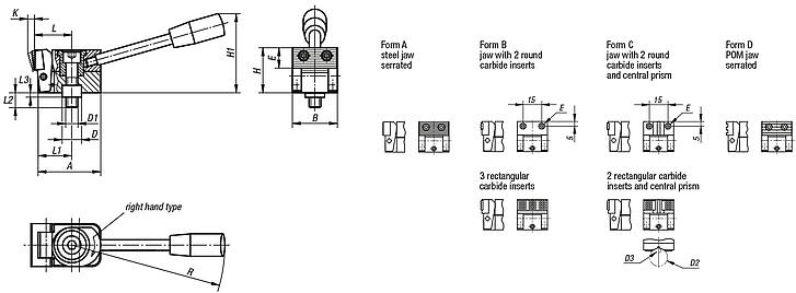 Side clamps, steel with tension lever and centring bush