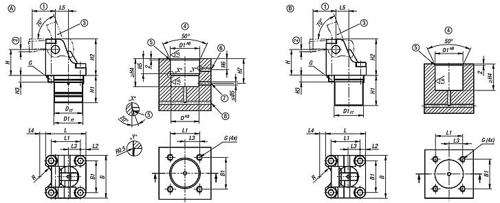 Rotary lever clamps, hydraulic double / single-acting with spring return