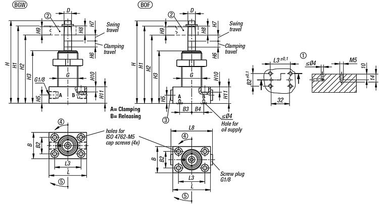 Swing clamps, hydraulic, compact double / single-acting with spring ...