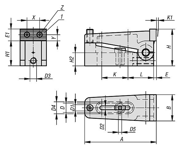钢制侧方夹紧块，带长孔，锯齿状夹钳