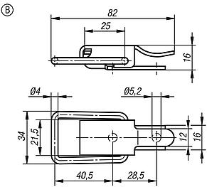 Latches, steel or stainless steel, with draw bail for up to 300N, fastening holes concealed, Form B
