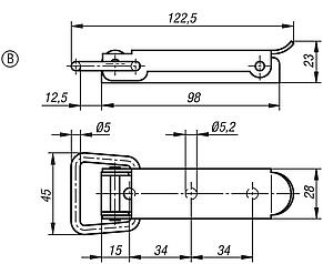 Latches, steel or stainless steel, with draw bail, fastening holes concealed, Form B
