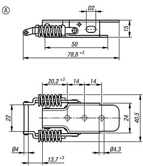 带弹簧夹的钢制或不锈钢搭扣，承载力可达 500N，带隐藏式旋拧孔，A 型