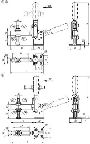 Toggle clamps, steel, black, vertical with horizontal foot and adjustable clamping spindle