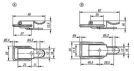Latches, steel or stainless steel, with draw bail for up to 300N, fastening holes concealed