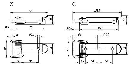 Latches, steel or stainless steel, with draw bail, fastening holes concealed