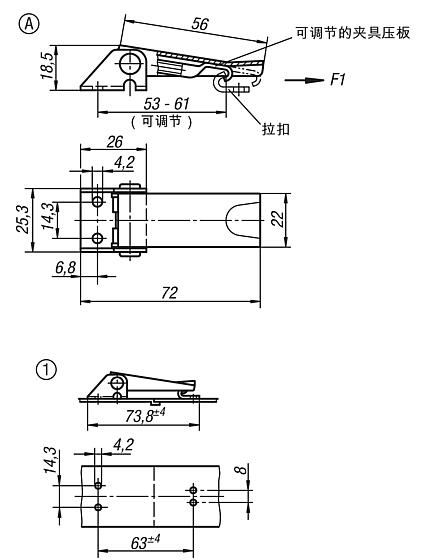 带金属拉环的钢制或不锈钢可调搭扣，承载力可达 1000 N，能看到旋拧孔，短款，样式 A，标准型