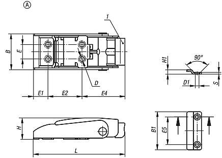 Latches, stainless steel, with metal plate hook and release, fastening holes concealed, Form A