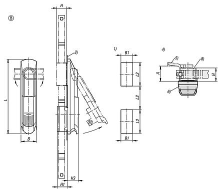 Swivel grip plastic, mounting hole square, mounting hole spacing 50x50x50 mm, with cover, with profile half-cylinder lock, Form B