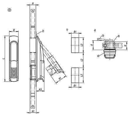 Swivel grip plastic, mounting hole square, mounting hole spacing 50x50x50 mm, with cover, without profile half-cylinder lock, Form D