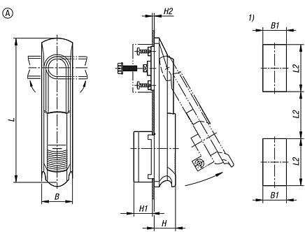 Swivel grip plastic, mounting hole square, mounting hole spacing 50x50x50 mm, with cover, with profile half-cylinder lock, Form A