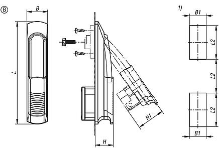 Swivel grip plastic, mounting hole square, mounting hole spacing 50x50x50 mm, with cover, without profile half-cylinder lock, Form B