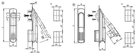 Swivel grip plastic, mounting hole square, mounting hole spacing 50x50x50 mm, with cover, with or without profile half-cylinder lock