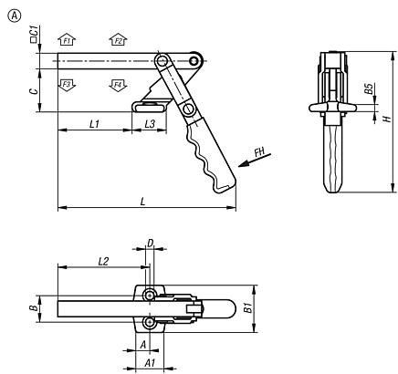 Toggle clamps, steel, horizontal with full retaining arm, 4500N, Form A