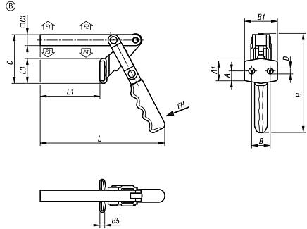 Toggle clamps, steel, horizontal with full retaining arm 4500N, Form B