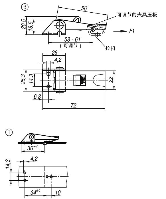 带金属拉环的钢制或不锈钢可调搭扣，承载力可达 1000 N，能看到旋拧孔，短款，样式 B，带锁扣