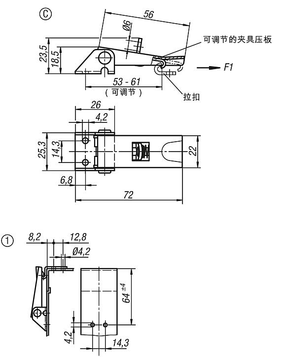 带金属拉环的钢制或不锈钢可调搭扣，承载力可达 1000 N，能看到旋拧孔，短款，样式 C，带锁孔