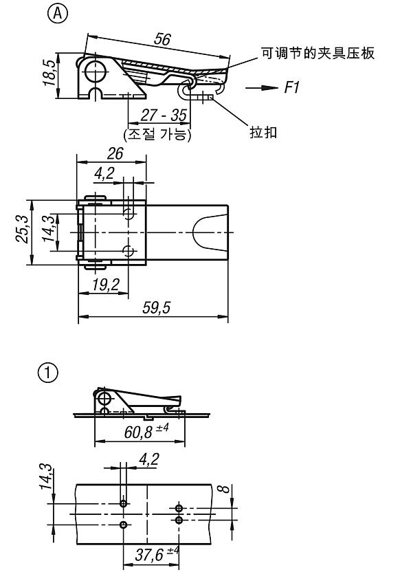 带金属拉环的钢制或不锈钢可调搭扣，承载力可达 1000 N，隐蔽式旋拧孔，短款，样式 A，标准型