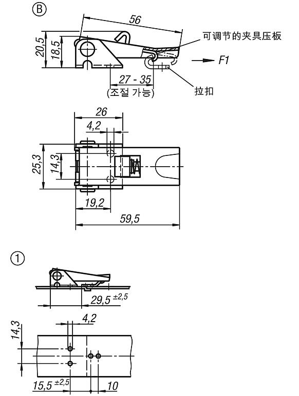 带金属拉环的钢制或不锈钢可调搭扣，承载力可达 1000 N，隐蔽式旋拧孔，短款，带锁扣，样式 B