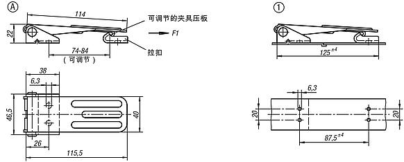 带金属拉环的钢制或不锈钢可调搭扣，承载力可达 4000 N，隐蔽式旋拧孔，长款，样式 A，标准型