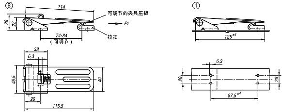 带金属拉环的钢制或不锈钢可调搭扣，承载力可达 4000 N，隐蔽式旋拧孔，长款，样式 B，带锁扣