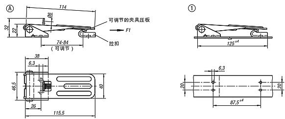 带金属拉环的钢制或不锈钢可调搭扣，承载力可达 4000 N，隐蔽式旋拧孔，长款，样式 C，带锁孔