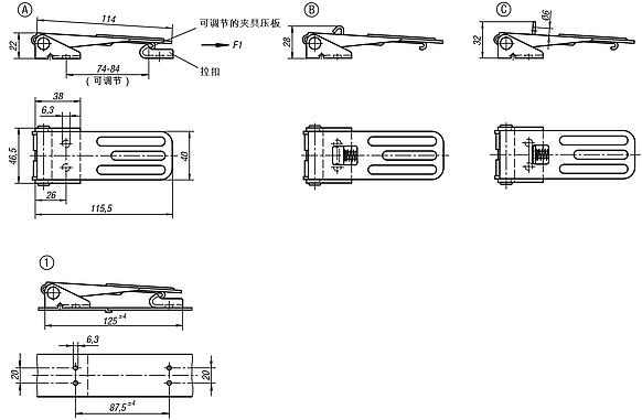 带金属拉环的钢制或不锈钢可调搭扣，承载力可达 4000 N，隐蔽式旋拧孔，长款