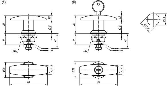 Quarter-turn locks with T-grip, stainless steel 1.4301, lockable, housing diameter 32 mm